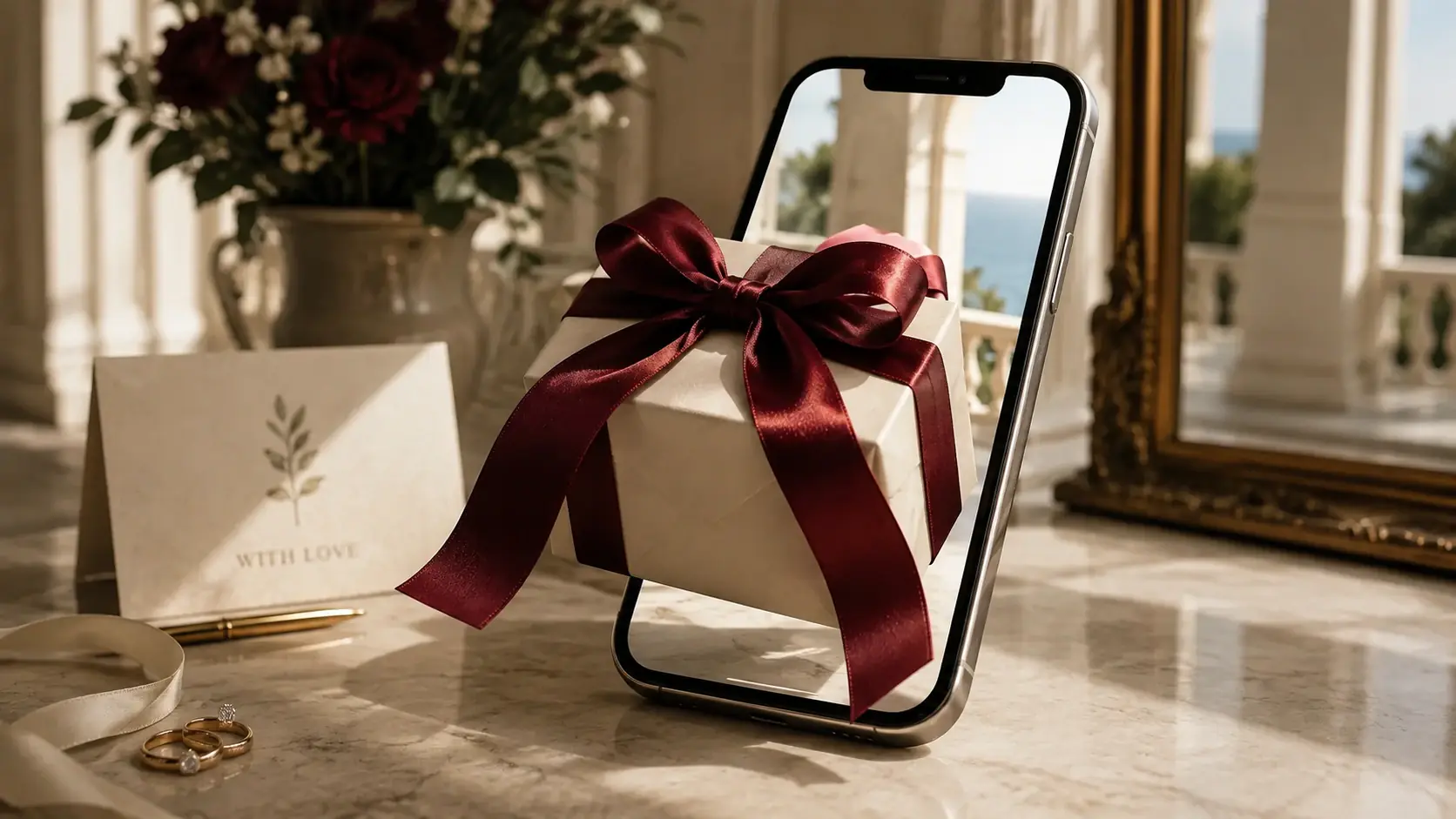 Regalo de boda envuelto en marfil y granate junto a una mesa de regalos digital