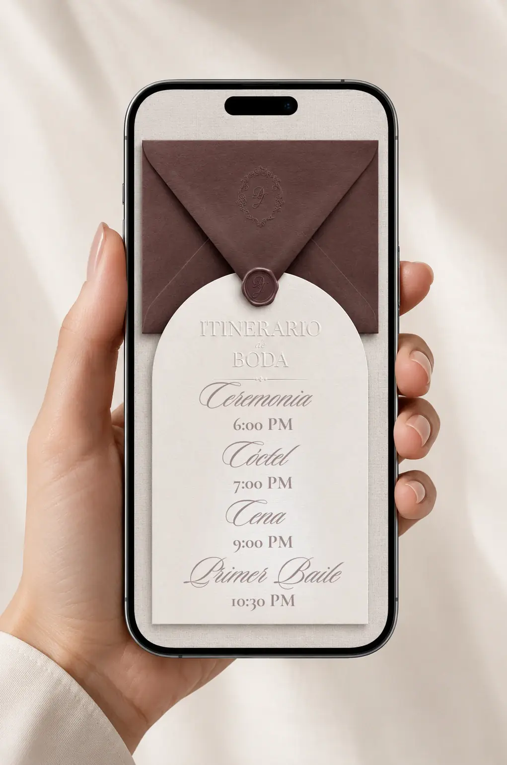 Tarjetas, reloj y velas que representan el itinerario completo del día de la boda